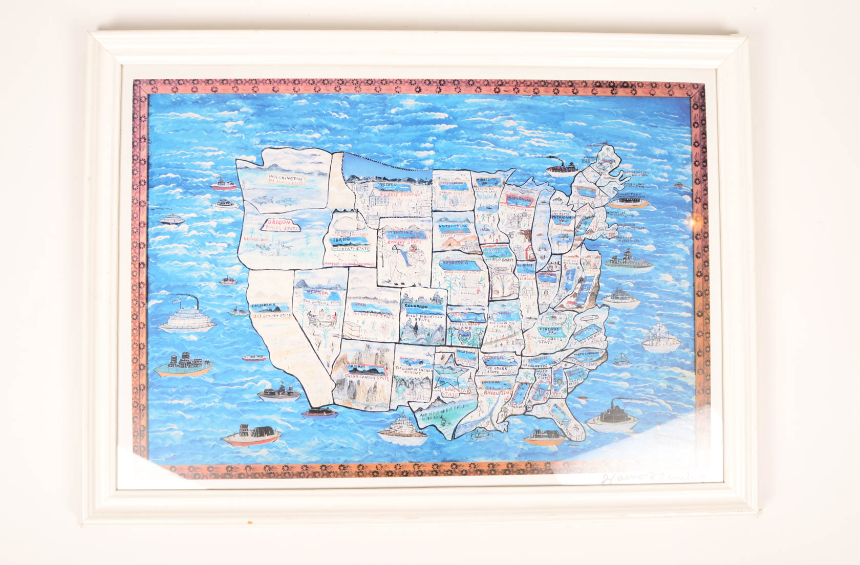 Signed Howard Finster "Story Map of the United States" Lithograph