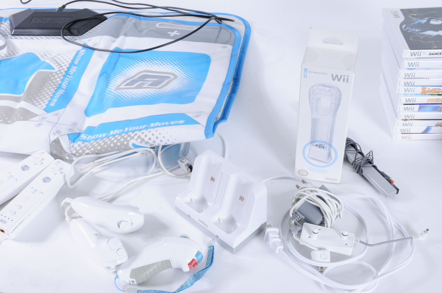 Wii Console, Dance Dance Revolution Mat and Wii FIt Board