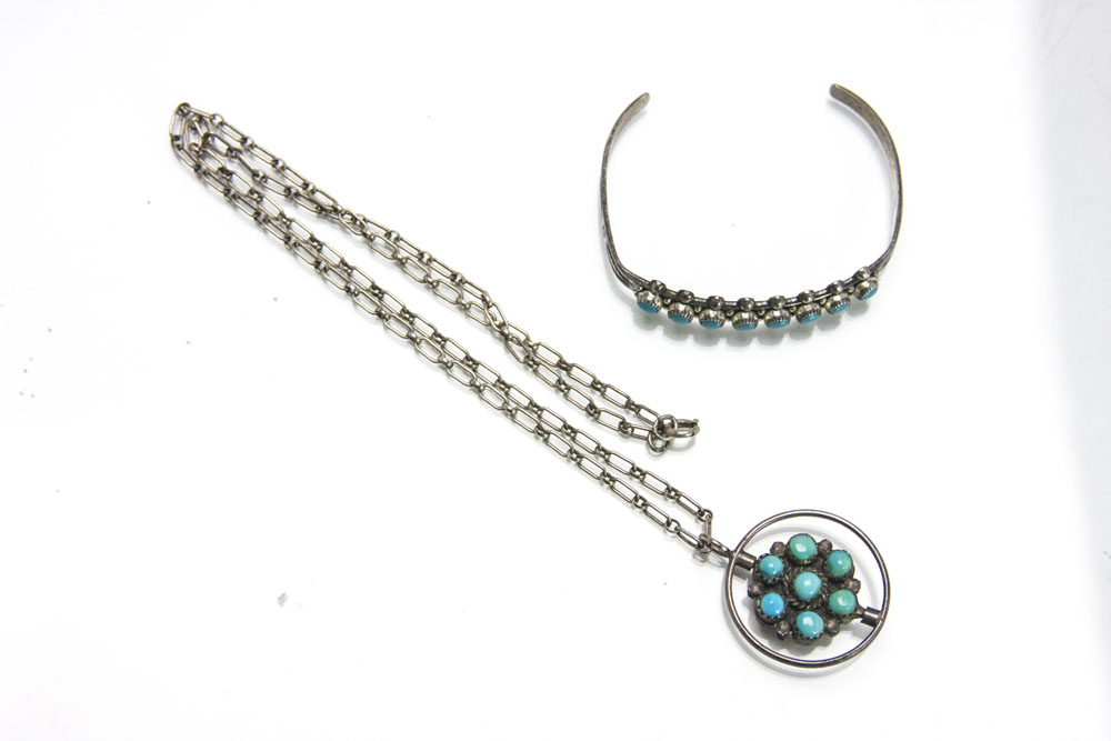 Sterling, Turquoise, and Coral Necklace and Bracelet