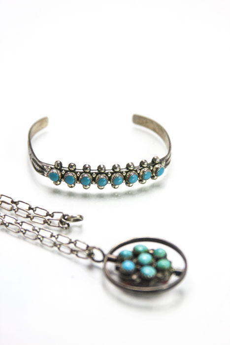 Sterling, Turquoise, and Coral Necklace and Bracelet