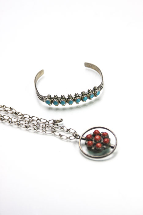 Sterling, Turquoise, and Coral Necklace and Bracelet