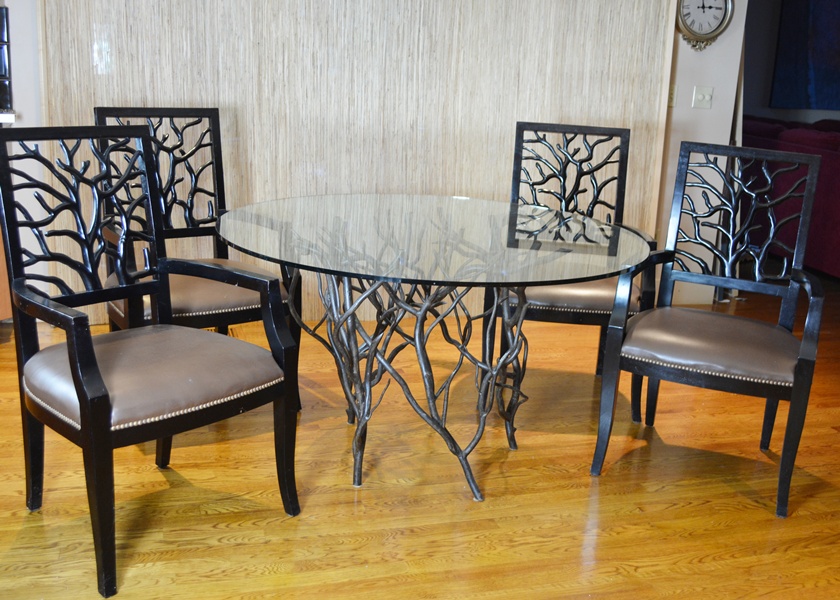 De Luco Wrought Iron Tree Branch Table and Four Wood Chairs