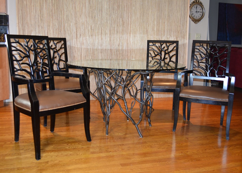 De Luco Wrought Iron Tree Branch Table and Four Wood Chairs