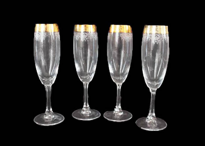 Set of Four Vintage Cellini Gold Rimmed Champagne Flutes
