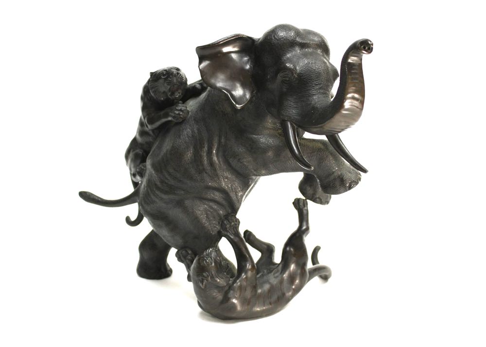 Elephant Fighting Two Tigers Sculpture