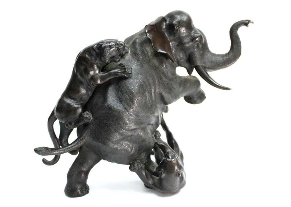 Elephant Fighting Two Tigers Sculpture