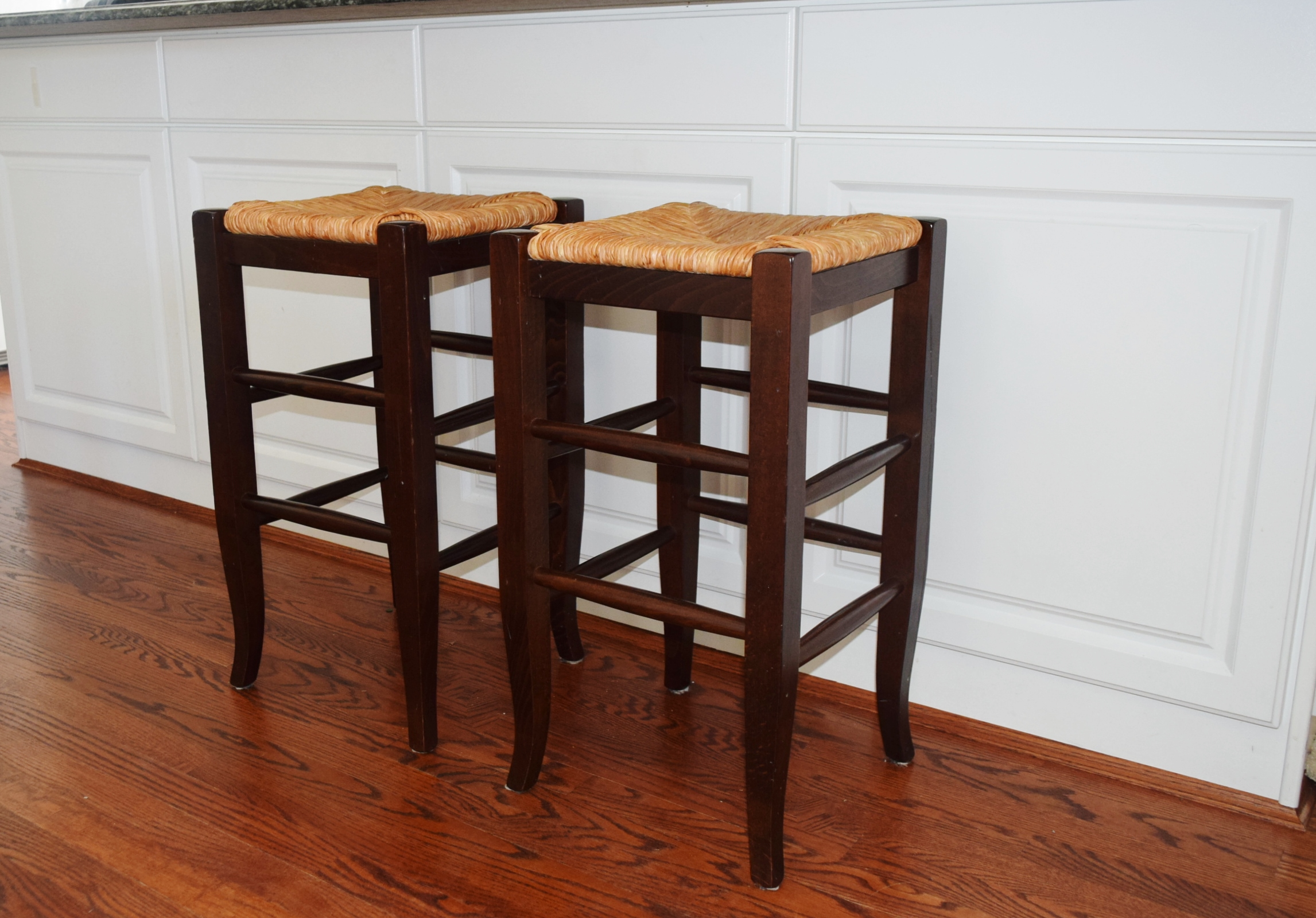Pair of Pottery Barn "Napoleon" Rush Seat Counter Bar Stools