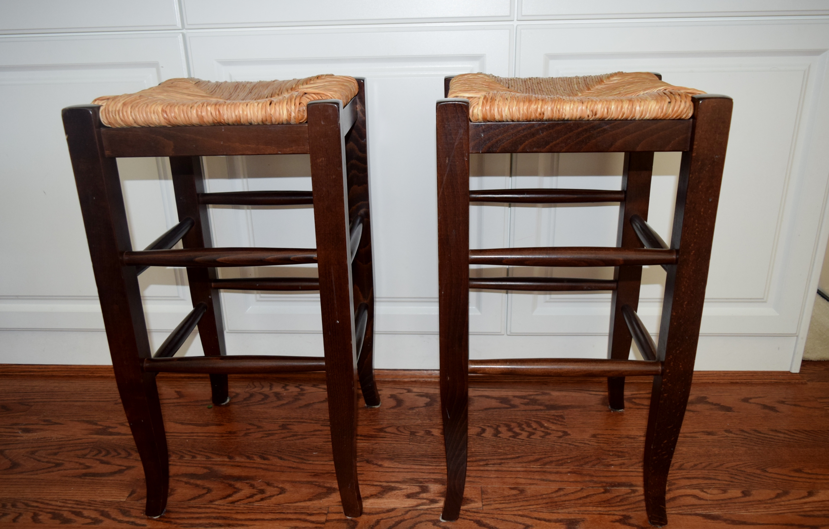 Pair of Pottery Barn "Napoleon" Rush Seat Counter Bar Stools