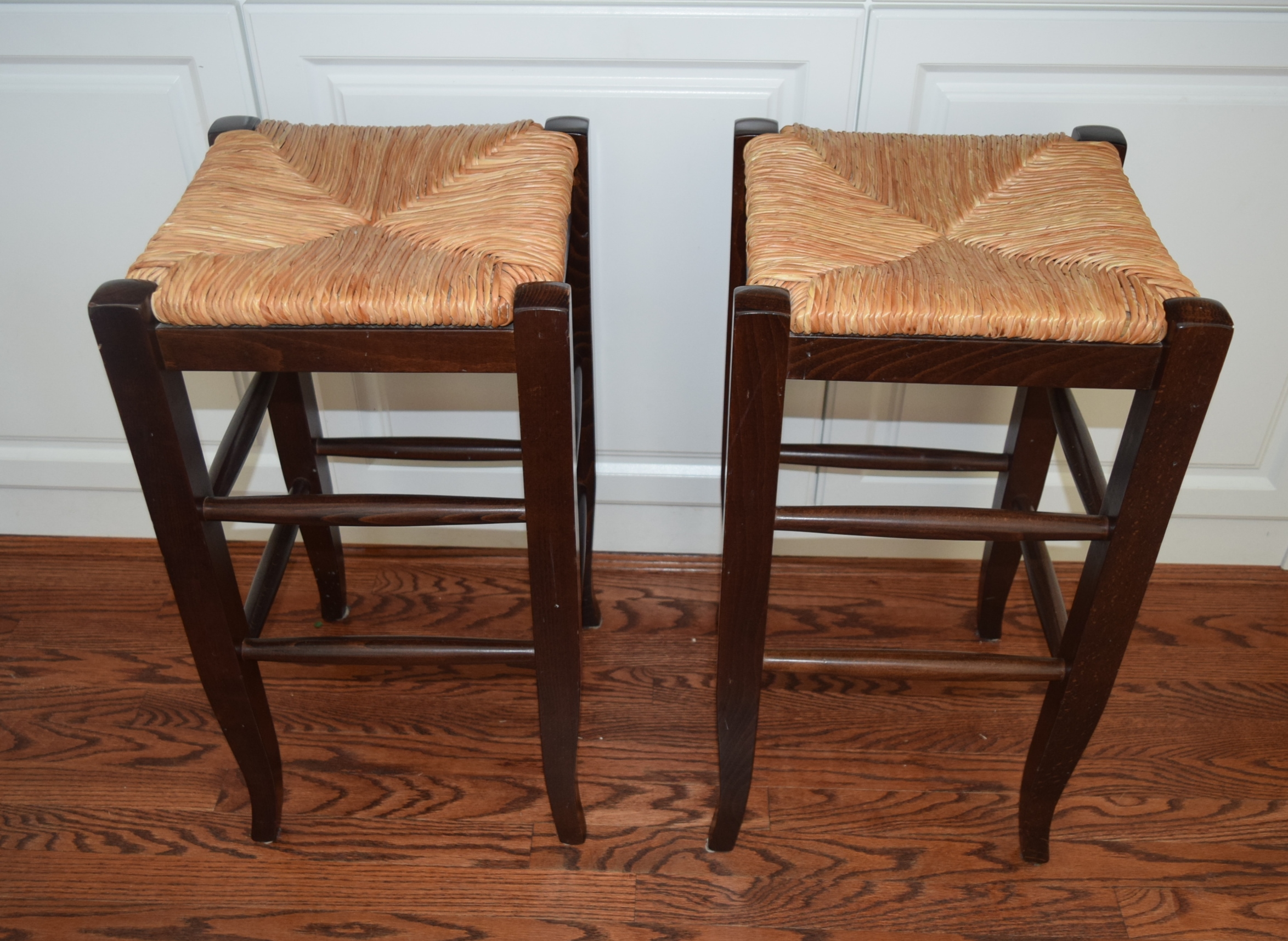 Pair of Pottery Barn "Napoleon" Rush Seat Counter Bar Stools