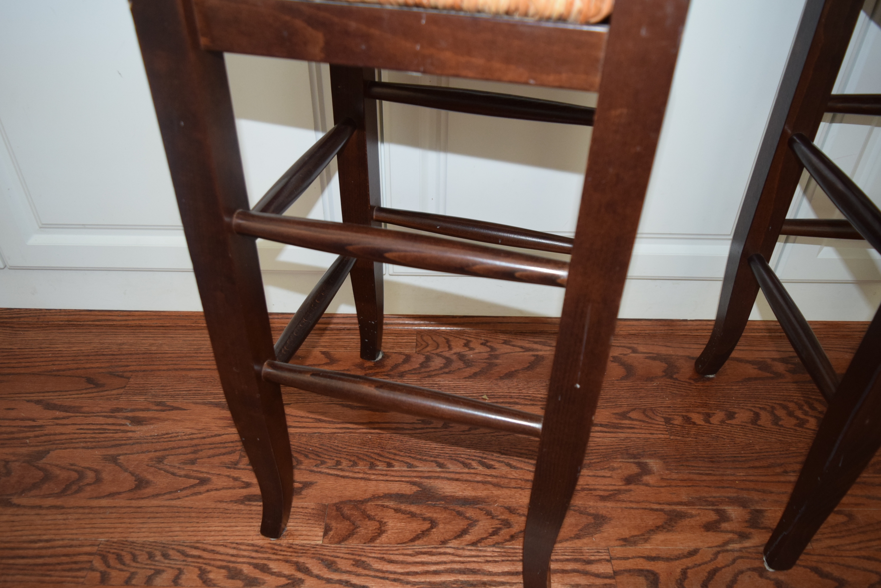 Pair of Pottery Barn "Napoleon" Rush Seat Counter Bar Stools