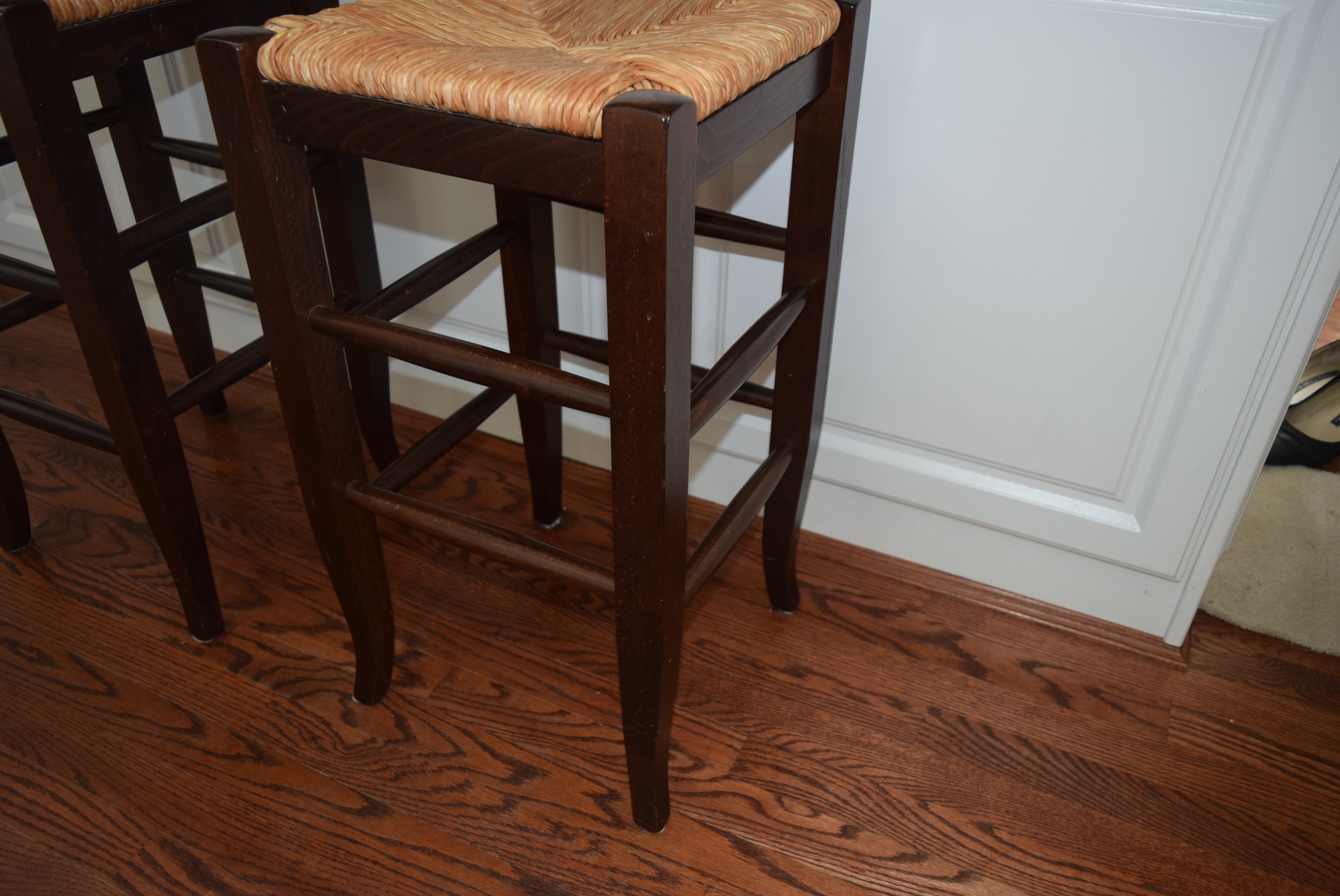 Pair of Pottery Barn "Napoleon" Rush Seat Counter Bar Stools