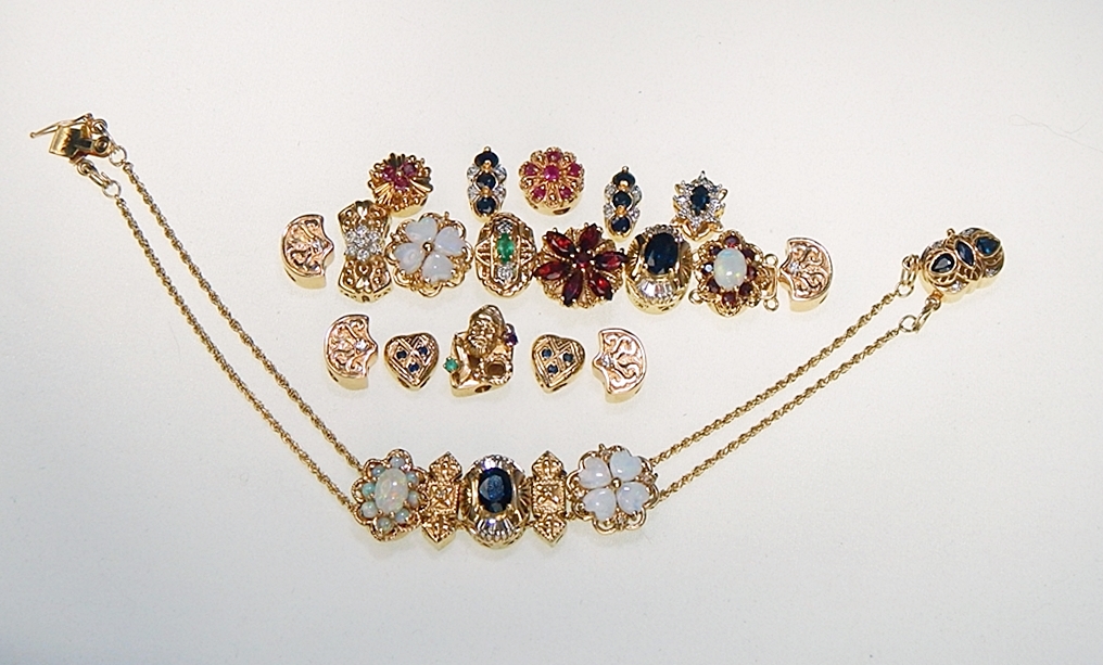 14K Gold and Diamond Multi Gemstone Slide Charm Bracelet EBTH