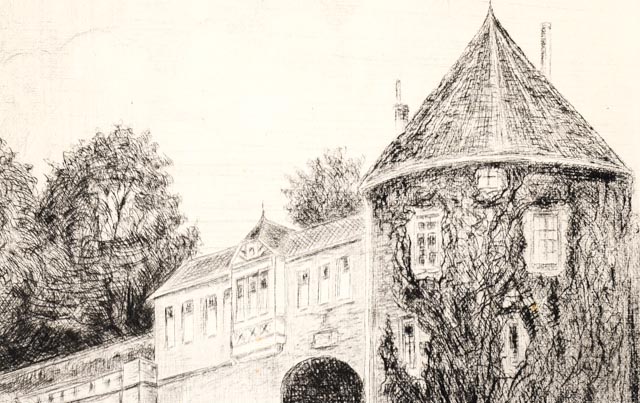 Vintage Etching of Aquaducts and Building with Turret