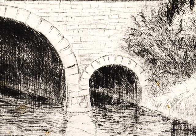 Vintage Etching of Aquaducts and Building with Turret