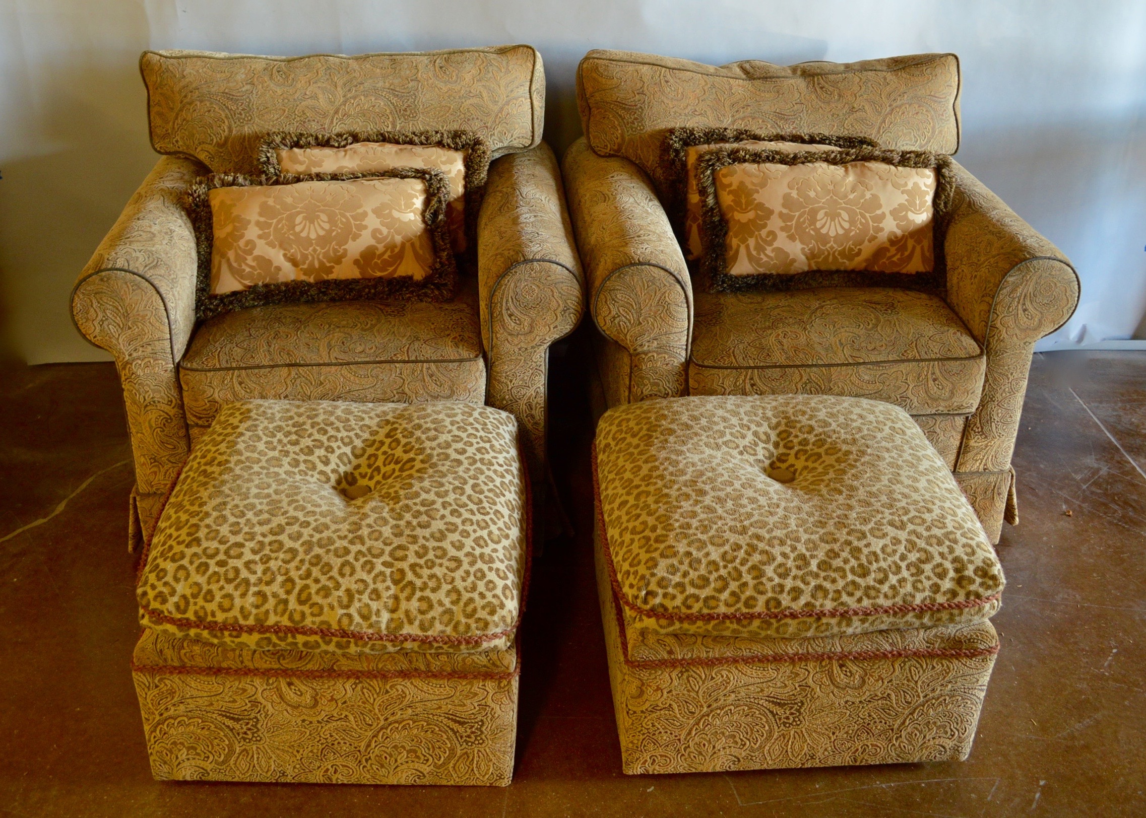 Two Overstuffed Armchairs with Ottomans