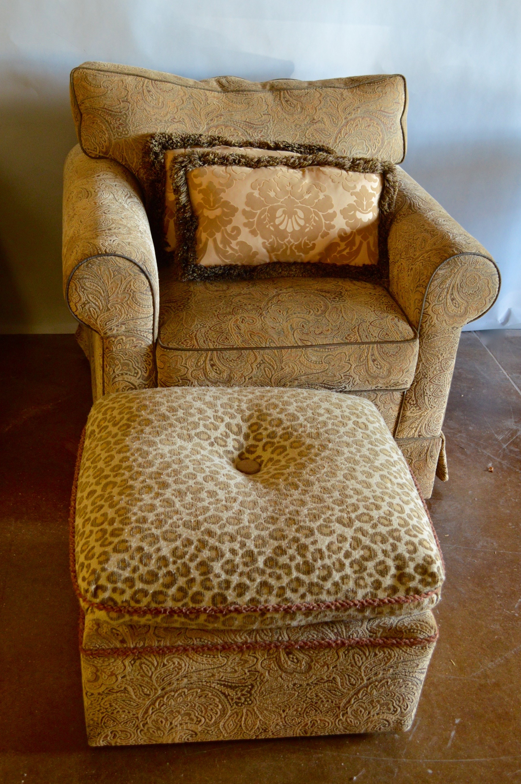 Two Overstuffed Armchairs with Ottomans