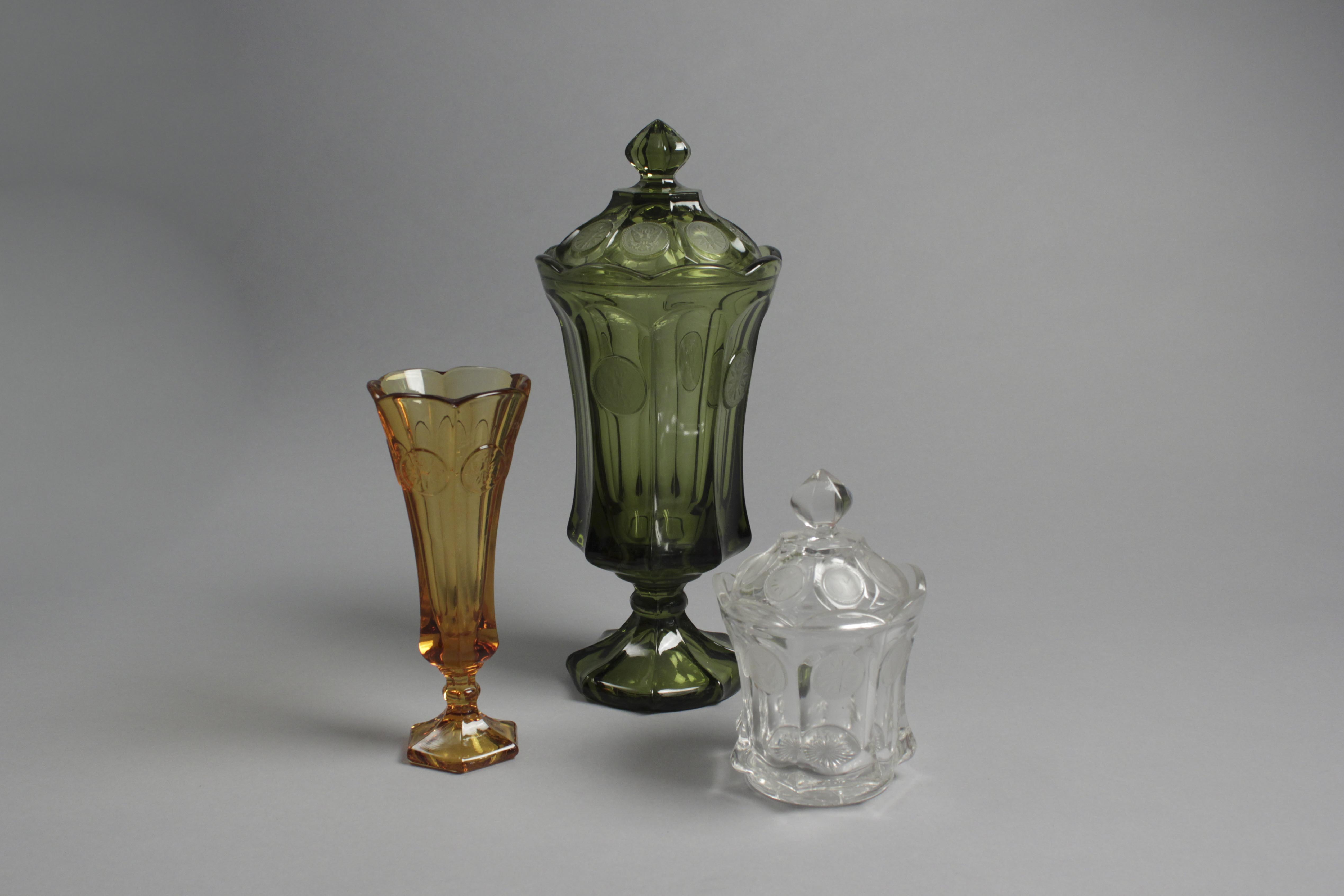 Trio of Vintage Emblem Embossed Pressed Glass