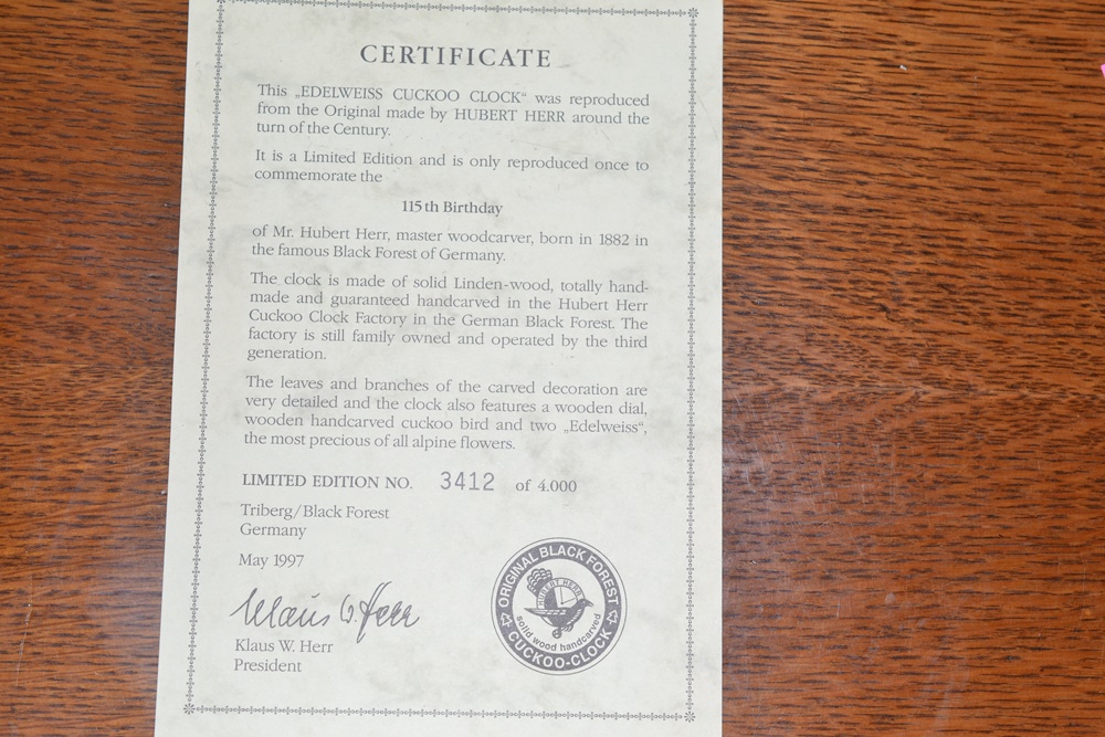 Limited Edition Hubert Herr "Edelweiss" Cuckoo Clock