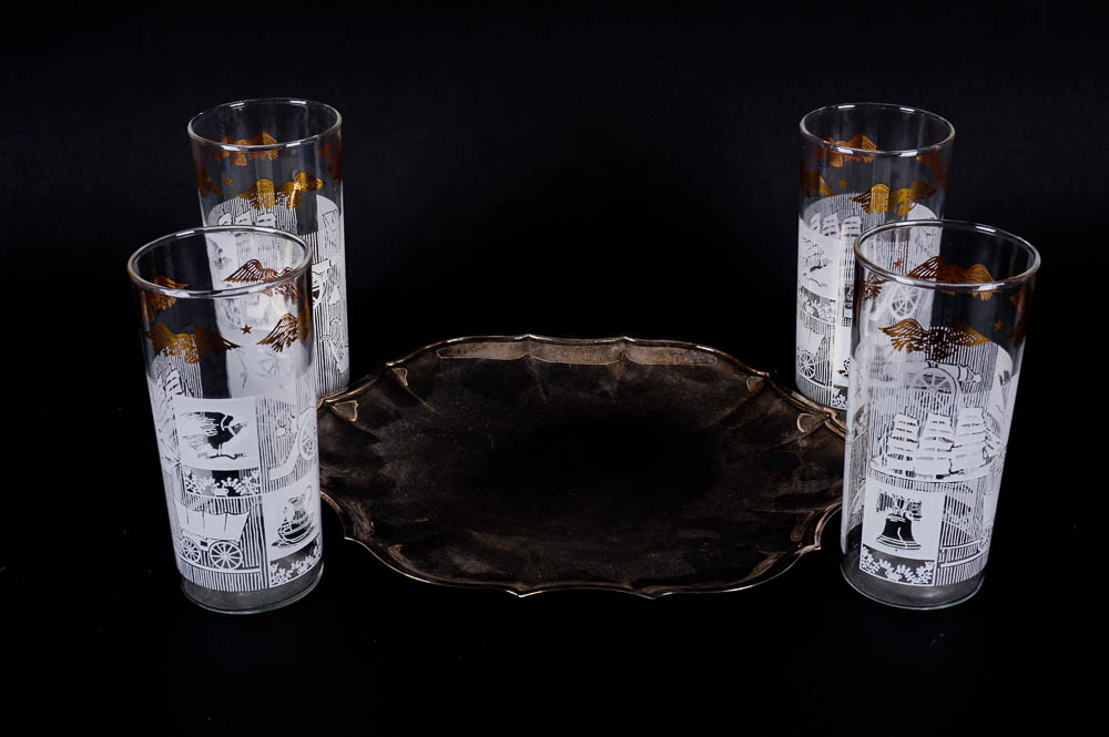 Vintage American Frontier Themed Tumblers with Silver Plate Tray
