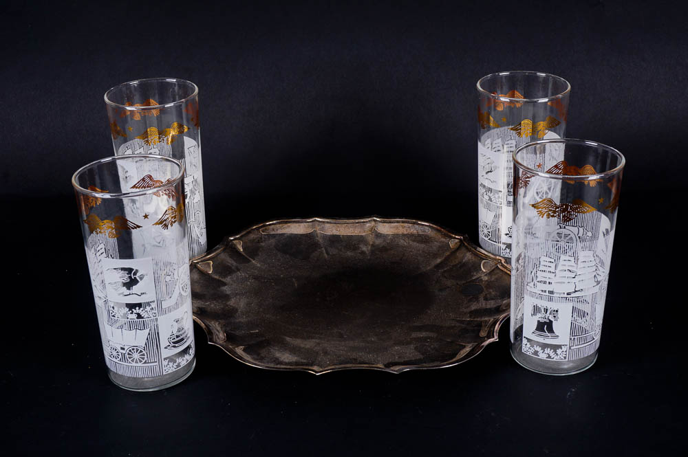 Vintage American Frontier Themed Tumblers with Silver Plate Tray