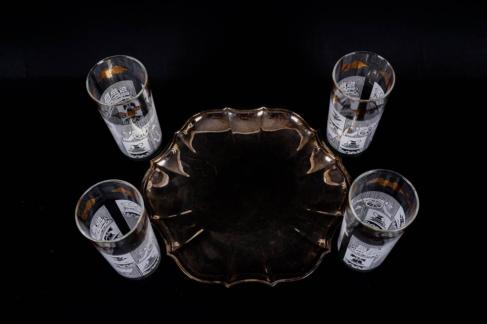 Vintage American Frontier Themed Tumblers with Silver Plate Tray