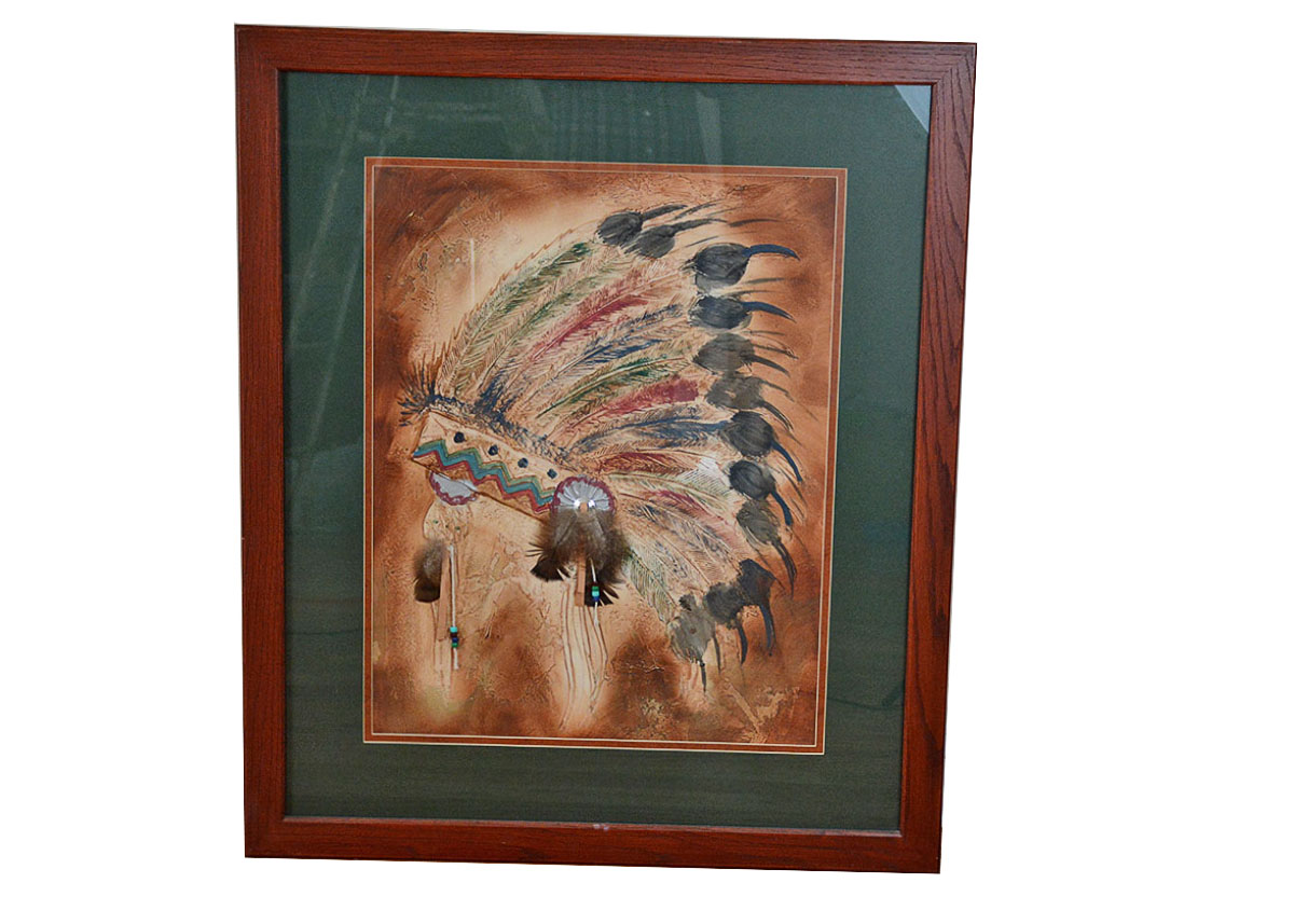 Mixed Media Native American Headdress Framed Art