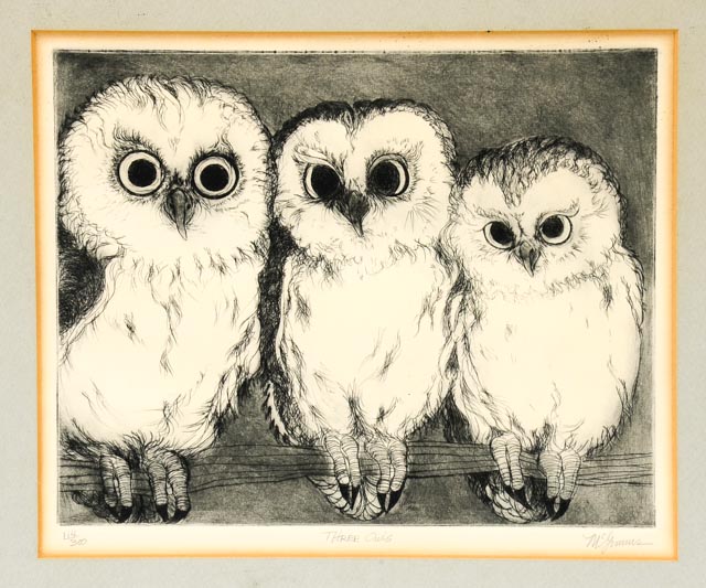 Original Christine McGinnis "Three Owls" Etching