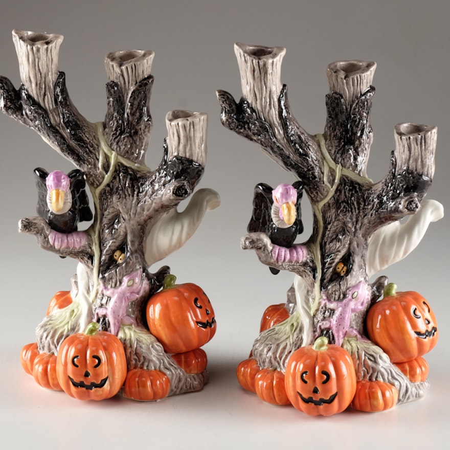 Pair of Fitz and Floyd Halloween Haunted Tree Candle Holders