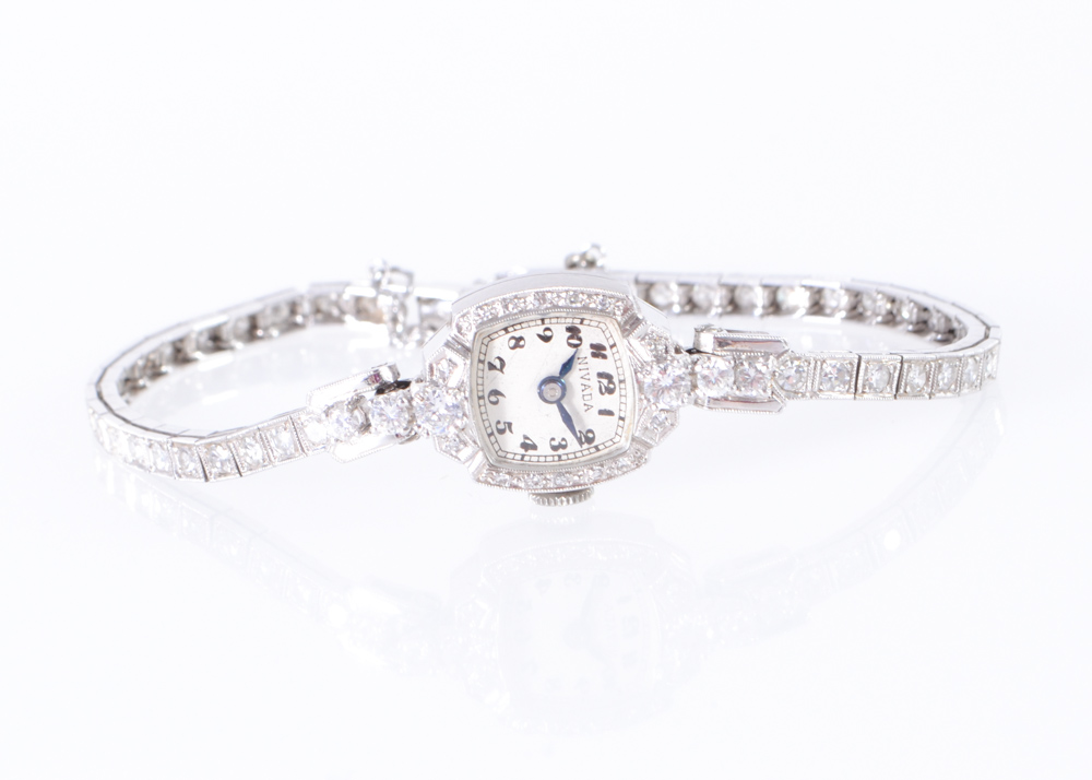 Vintage 14K White Gold and 1.5 Carat Diamond Nivada Watch