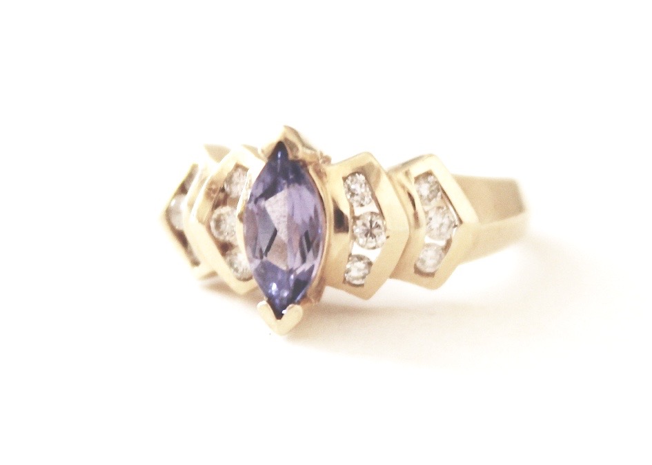 Ladies Custom 14 K Yellow Gold Tanzanite and Diamond Ring