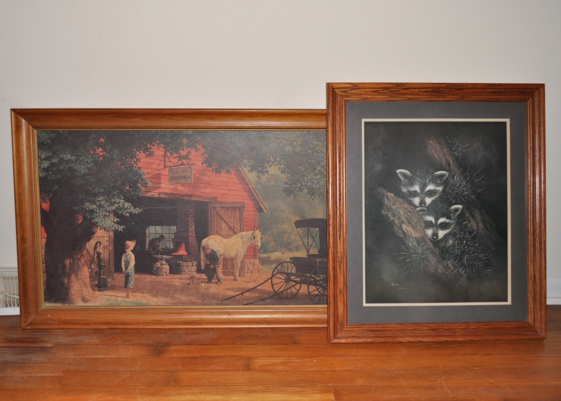 Country Scene and Coons Framed Lithographs