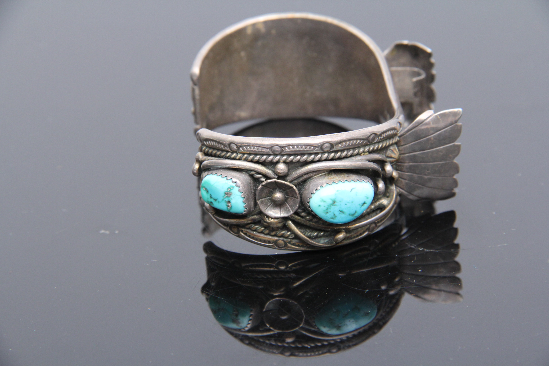 Hermon Coan Sterling and Turquoise Cuff Watch Bracelet