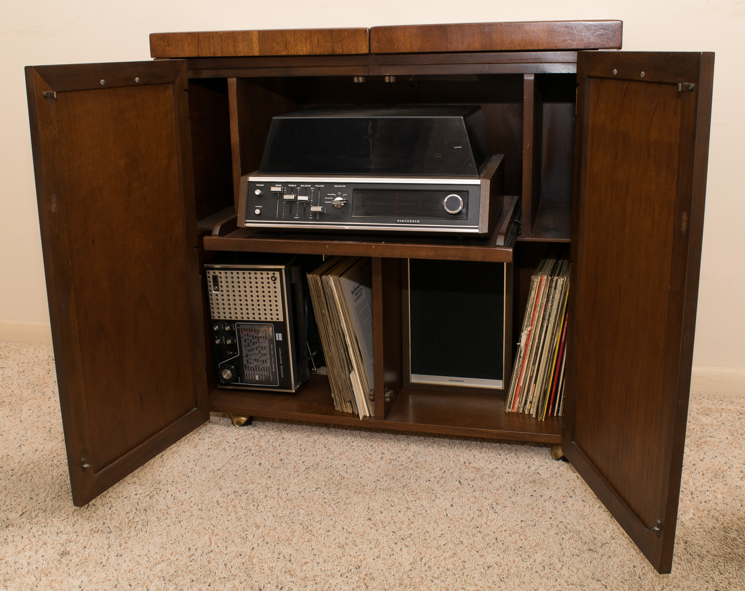 Vintage Panasonic Stereo Record Player and Storage Cabinet