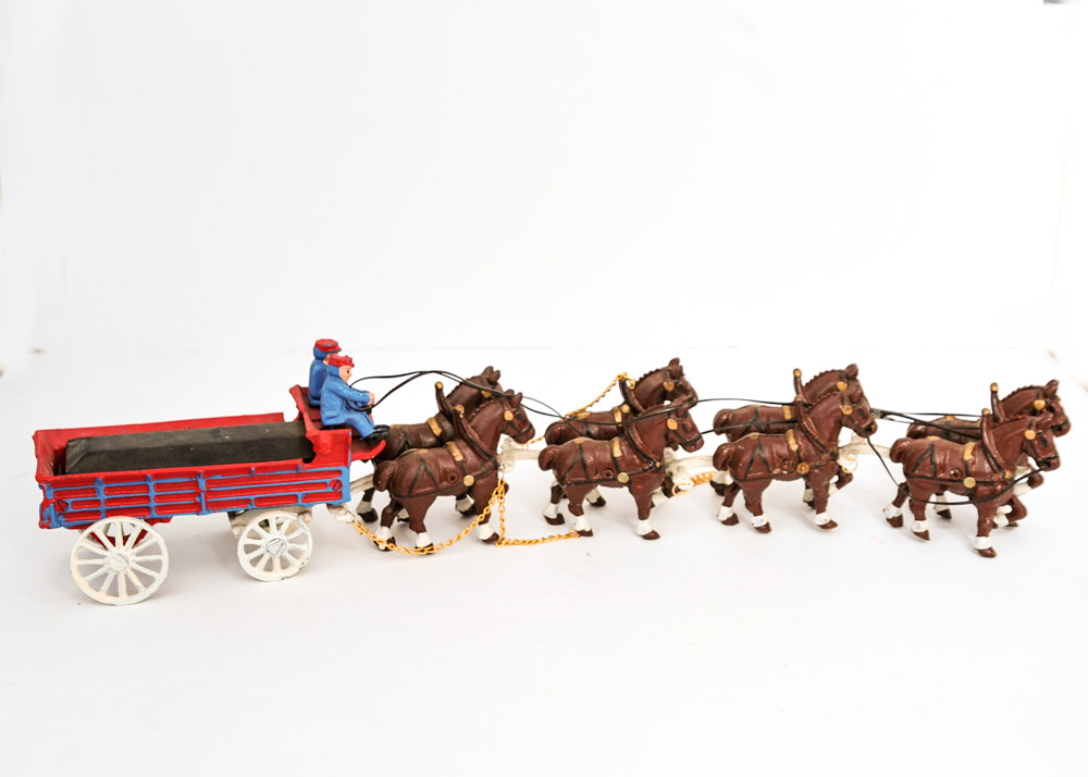 Vintage Cast Iron Horse Drawn Beer Wagon