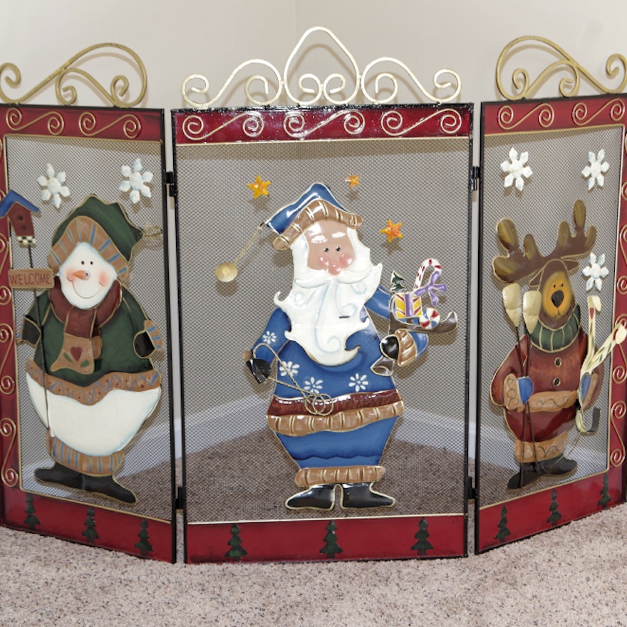 Christmas Fireplace Screen with Metal Applique Figures