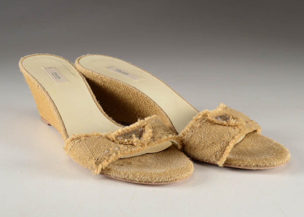 Prada Burlap Wedge Sandals