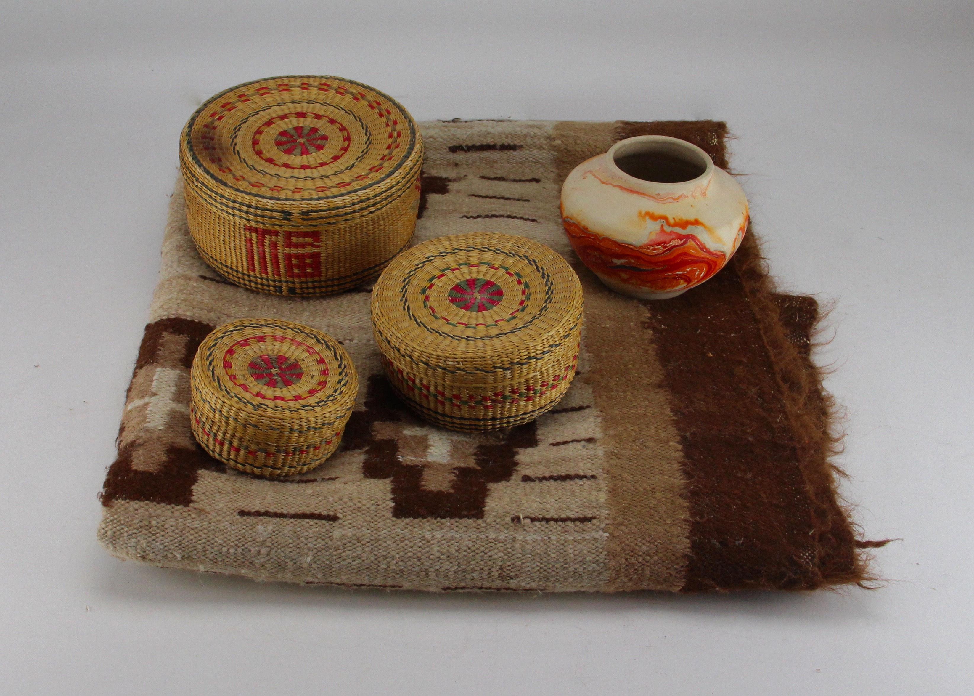 Peruvian Style Basket and Blanket With Nemadji Pottery