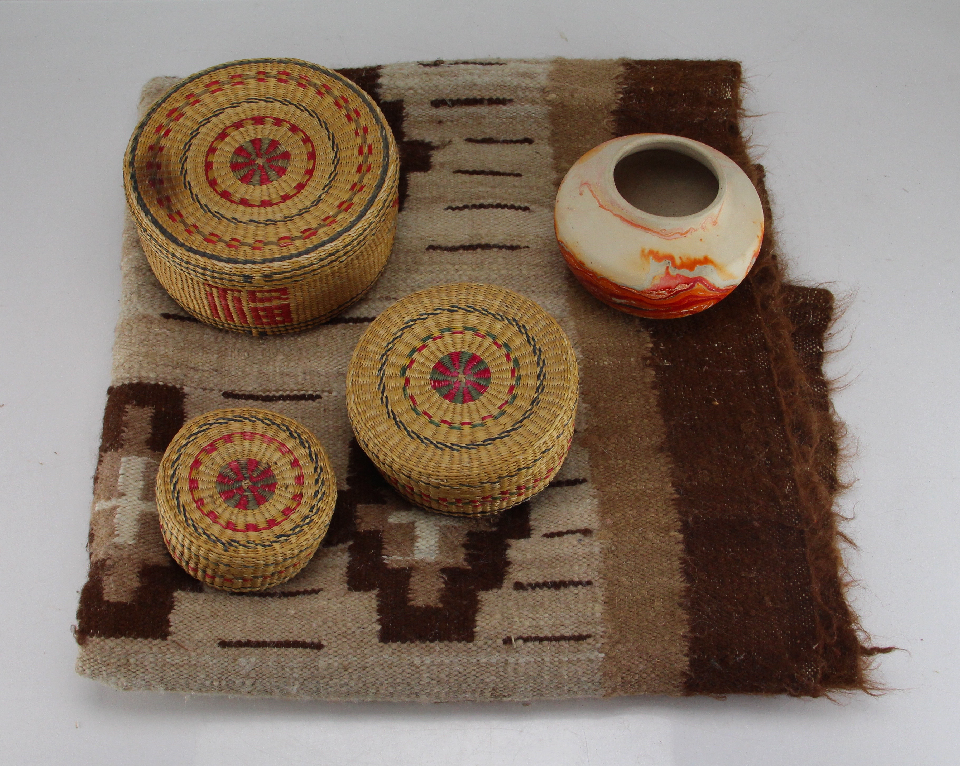 Peruvian Style Basket and Blanket With Nemadji Pottery
