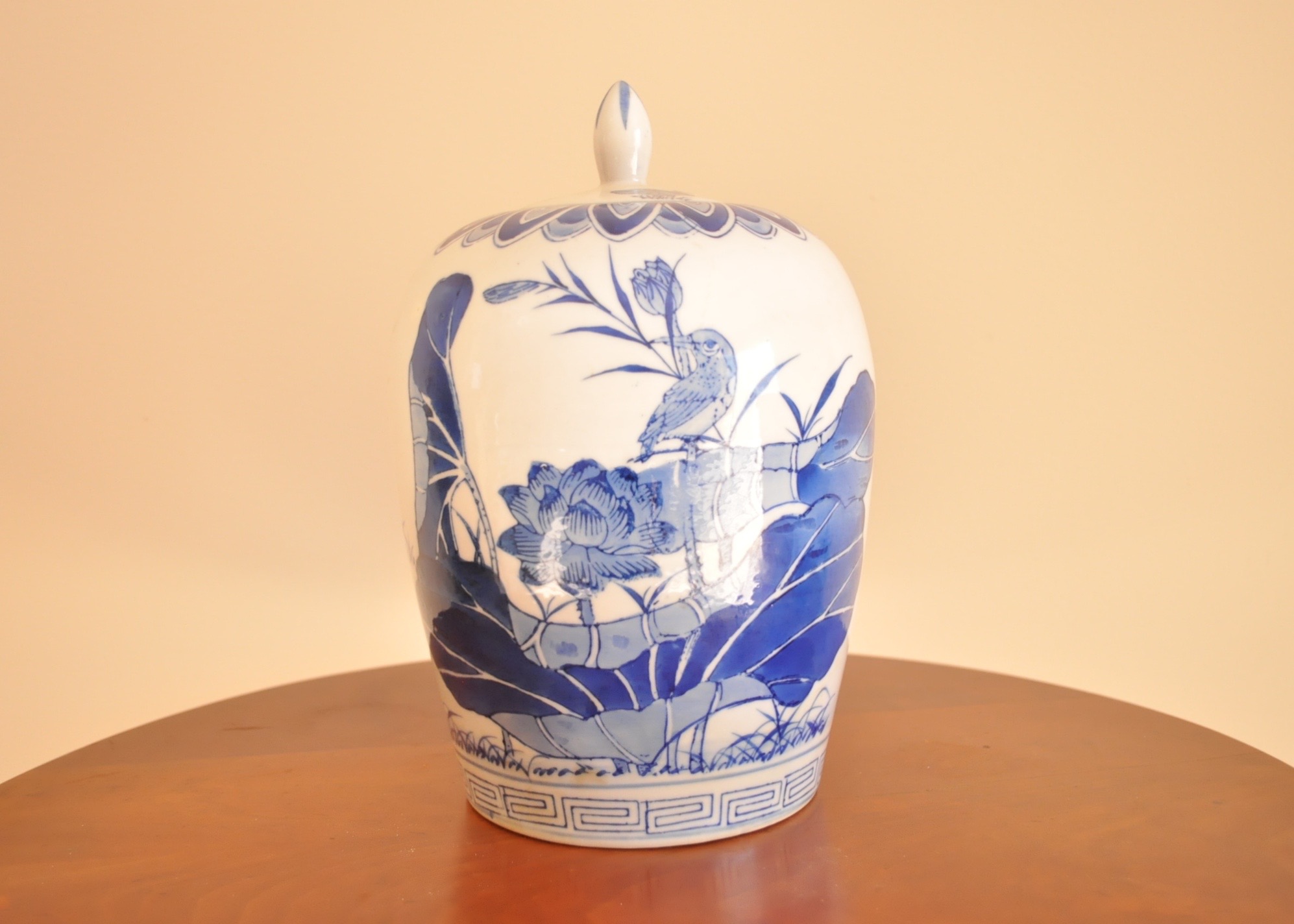 Blue and White Ceramic Urn with Lid