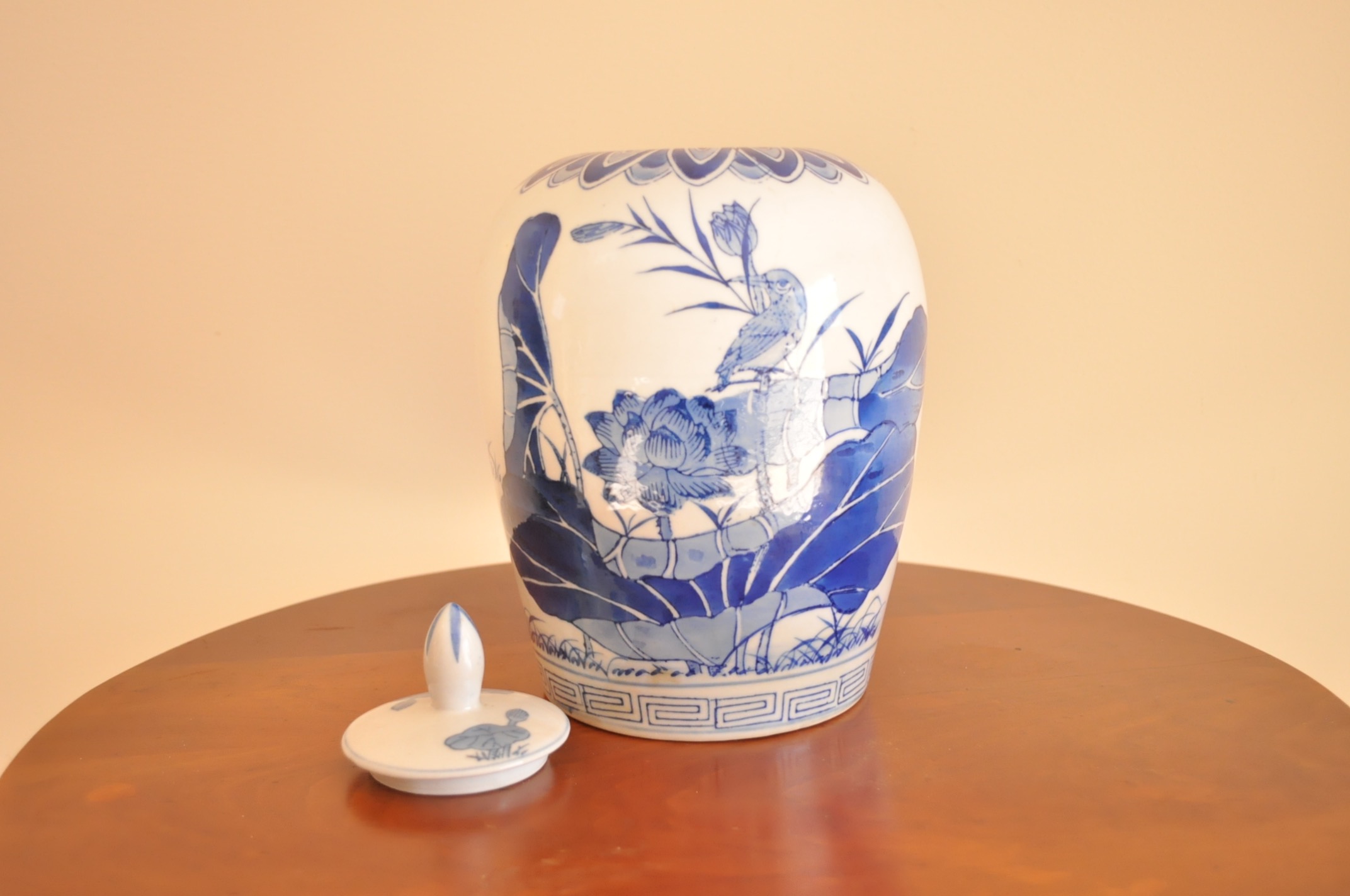 Blue and White Ceramic Urn with Lid