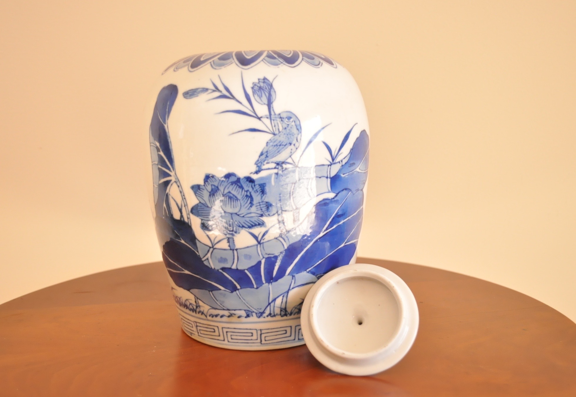 Blue and White Ceramic Urn with Lid