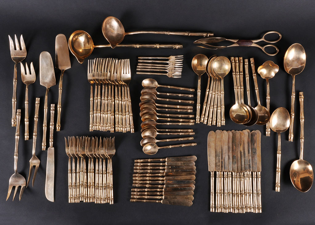 Vintage Bamboo Pattern Nickel Bronze Flatware Set