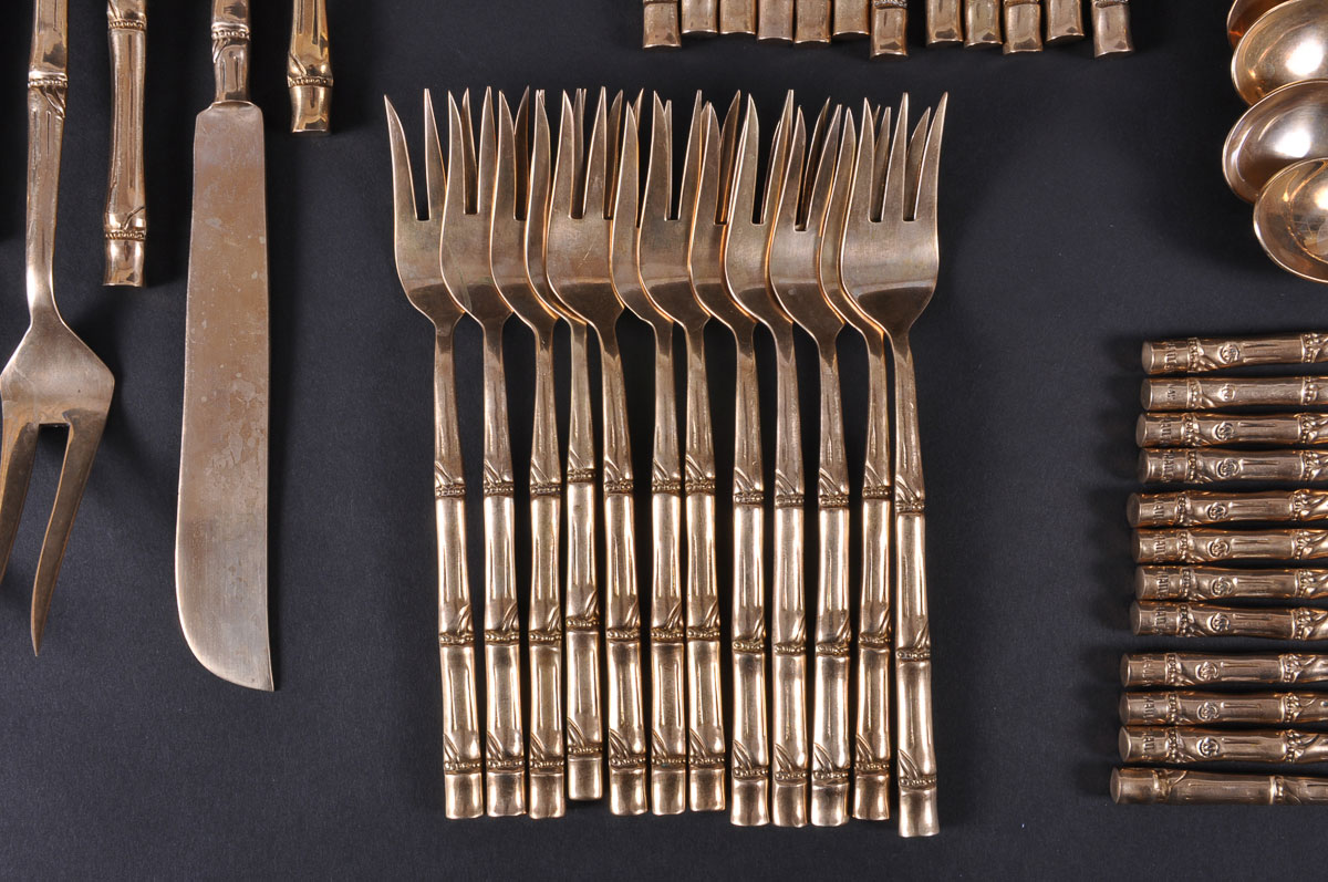 Vintage Bamboo Pattern Nickel Bronze Flatware Set
