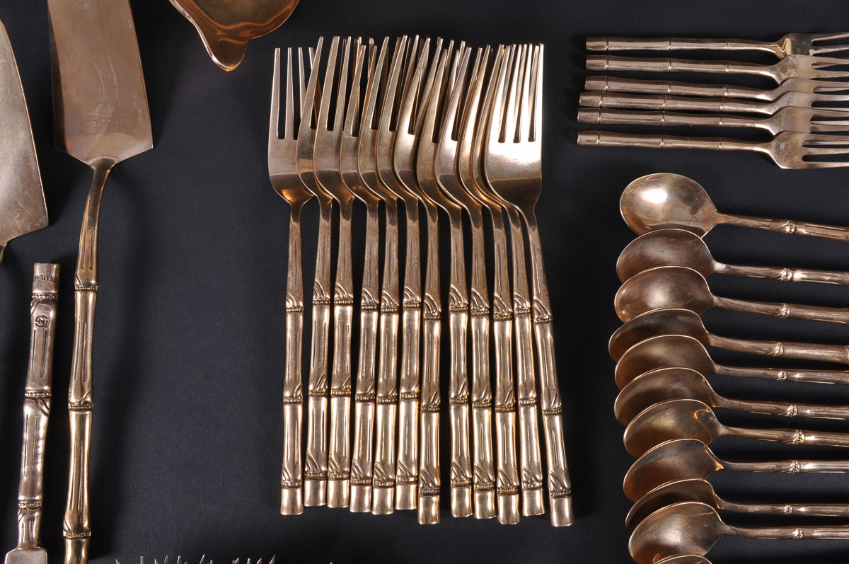 Vintage Bamboo Pattern Nickel Bronze Flatware Set