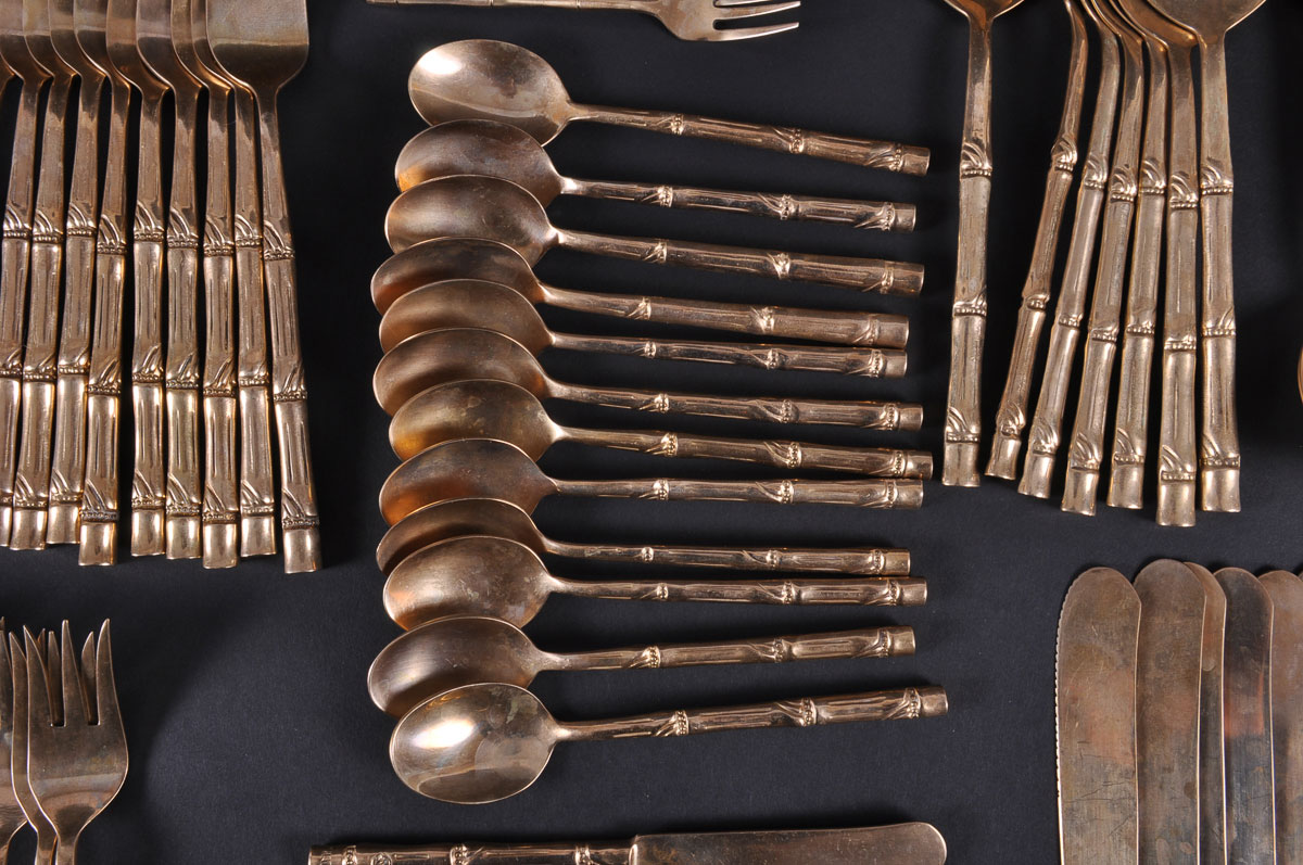 Vintage Bamboo Pattern Nickel Bronze Flatware Set