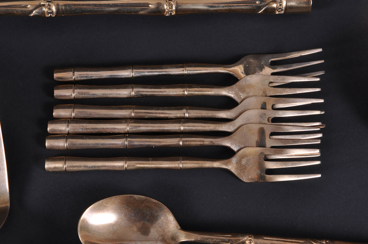 Vintage Bamboo Pattern Nickel Bronze Flatware Set