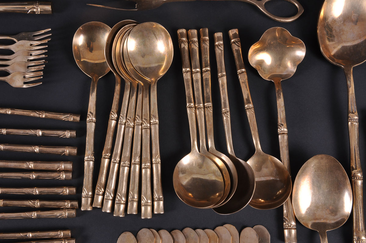 Vintage Bamboo Pattern Nickel Bronze Flatware Set