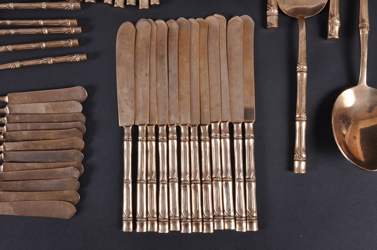 Vintage Bamboo Pattern Nickel Bronze Flatware Set