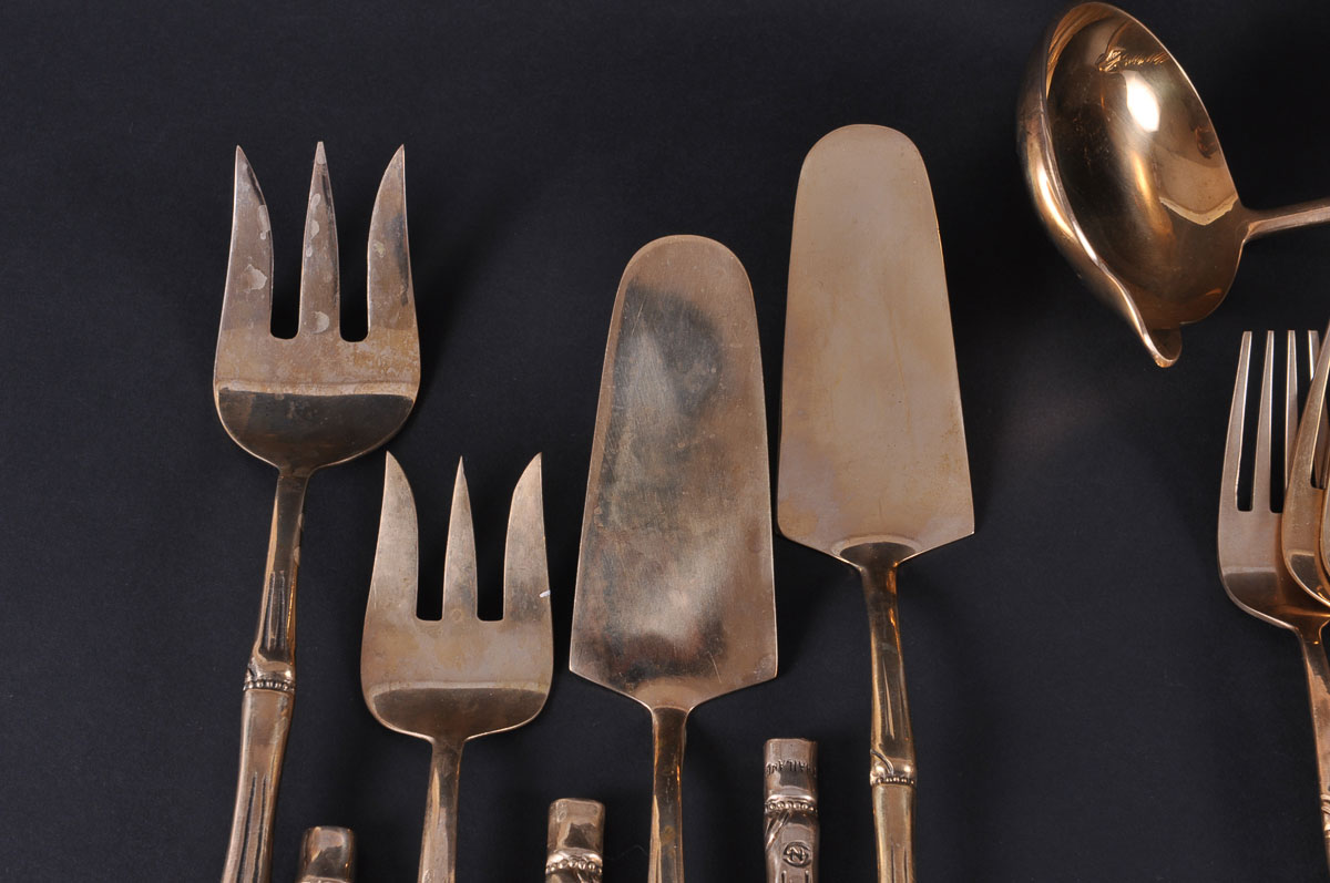Vintage Bamboo Pattern Nickel Bronze Flatware Set