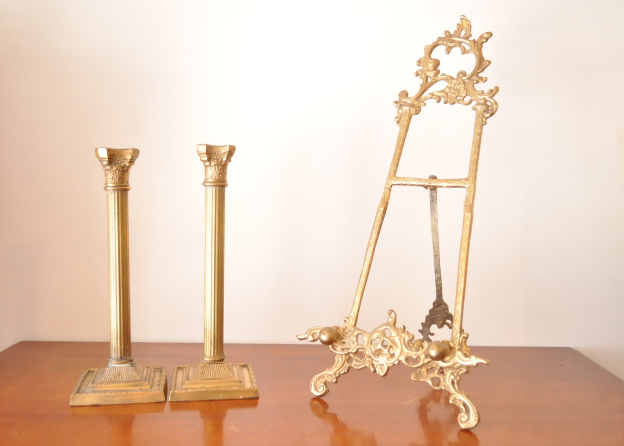 Brass Easel and Candlesticks